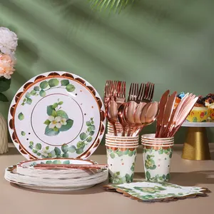 Piatti ecologici di Design personalizzato forniture per feste da tè Set di stoviglie usa e getta verde salvia piatti di carta per feste