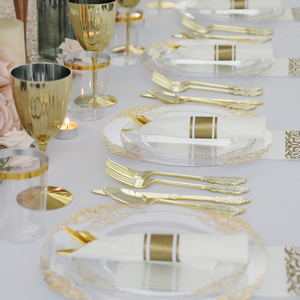 Platos Desechables Transparentes con Borde Dorado para Fiestas, Juego de 175 Piezas con Cubiertos, Servilletas y Vasos, Oferta - Product Image 4