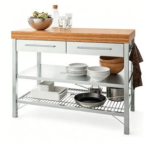 Bamboo Top Commercial Work Table with Double Layer <b>Shelves</b>, Drawers and <b>Hooks</b> Kitchen Prep Station - Product Image 1