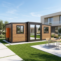 Maison conteneur pliable à double aile, modulaire et extensible, avec panneaux sandwich, pour un gain de place et une utilisation extérieure, idéale pour le transport.