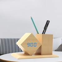 Porte-stylos de bureau multifonction en bois Art Déco avec horloge numérique LED, calendriers et détection acoustique – Idéal pour la rentrée scolaire