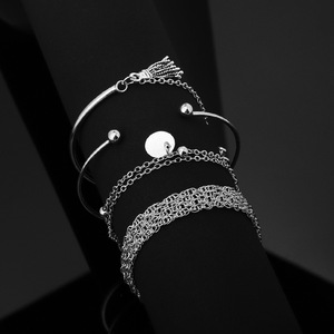 Silver Plated Chain Link <b>Bracelets</b> <b>Set</b> With Tassel And Disc Pendant Unisex Fashion Jewelry 4 Piece <b>Set</b> - Product Image 1
