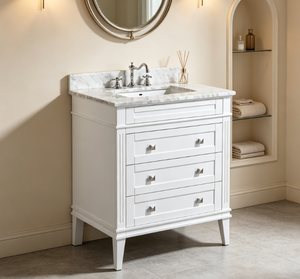 Ensemble de meuble-lavabo moderne pour salle de bain, construction en bois massif, finition laquée, dessus en marbre, égouttoir en acier inoxydable, miroir en céramique - Product Image 3