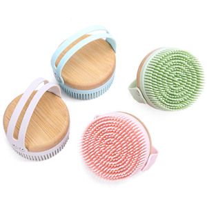 Silicone Bath Brush Oval Long Handle Bamboo Massage Scrubber For Back Cleaning - Product Image 4