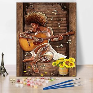 <span class=keywords><strong>Pintura</strong></span> por Números para Adultos y Niños - Letras Afroamericanas, Arte en Lienzo <span class=keywords><strong>de</strong></span> Tela DIY con Diseño <span class=keywords><strong>de</strong></span> Niña Negra Tocando la Guitarra - Product Image 3