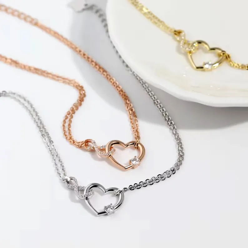 Diamond Double Layer Heart Jewellery Wholesale Custom Women 925 Sterling Silver Love Heart Bracelet