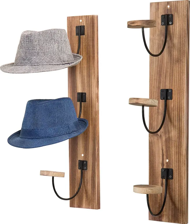 木製工芸品素朴な焦げた木と金属ワイヤー垂直帽子とコート衣服ラックハットラック。