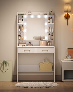 Table de maquillage avec <span class=keywords><strong>miroir</strong></span> et éclairage <span class=keywords><strong>LED</strong></span>, bureau de toilette à luminosité réglable, table de toilette avec étagères et 2 tiroirs - Product Image 5