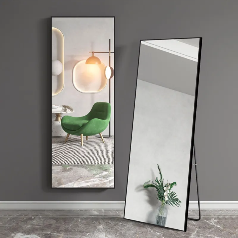 Pemasok cermin berbingkai aluminium dua arah persegi panjang rias lantai panjang penuh dinding cermin