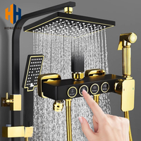 Ensemble de douche mural moderne multifonction en cuivre brossé avec cartouche céramique et barre coulissante finition or