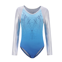 Ensemble de justaucorps de gymnastique B73 en gros à manches longues dégradé avec strass, jupe en mousseline scintillante et chouchou pour filles, idéal pour la danse et la gym