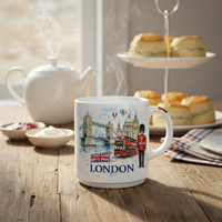 Mug en porcelaine 350 ml avec poignée, motif bus en dolomite, souvenir du Tower Bridge de Londres et du drapeau britannique, cadeau de voyage, compatible lave-vaisselle et micro-ondes