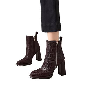 Elegant Platform <b>Short</b> Ankle <b>Boots</b> Women Autumn Winter Solid Real Leather Fashion Square Toe High <b>Heels</b> Sizes 41 - Product Image 4