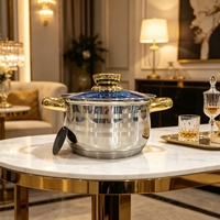 Ensemble de 23 ustensiles de cuisine en acier inoxydable, couvercles en verre bleu, poignées dorées, avec cuillères, spatules, sets de table, tabliers, etc. Pour un usage domestique
