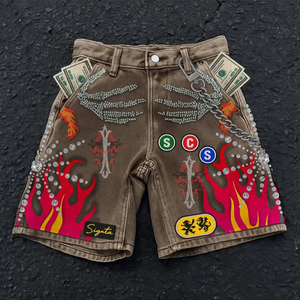 Shorts <span class=keywords><strong>Vaqueros</strong></span> Personalizados al por Mayor YUCHEN, Estilo Vintage, Cintura Media, Desgastados, Decolorados, Lavado Ácido, con Pedrería, Shorts de Mezclilla para <span class=keywords><strong>Hombre</strong></span> - Product Image 3