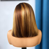 Perruque Bob Courte Droite en Cheveux Humains P4/27, Chocolat Brun Blond Miel, avec Dentelle Frontale, Vente en Gros