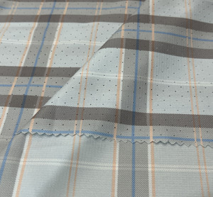 Tissu tissé à carreaux gris bleu beige à pois, bord festonné, pour chemise, robe, pyjama, vêtements - Product Image 3