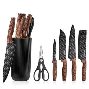 Ensemble de couteaux de cuisine professionnels 6 pièces avec lames noires texturées Poignées en grain de bois et bloc de couteaux <span class=keywords><strong>couteau</strong></span> de cuisine - Product Image 1