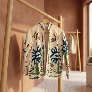 Suzani Embroidered Vintage <b>Quilted</b> Cotton <b>Jacket</b> Floral Botanical Folk Art Boho <b>Lightweight</b> Open Front Unisex <b>Womens</b> Artisan - Product Image 4