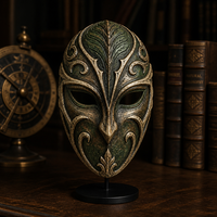 Masque en résine sculpté à la main avec motif de feuille, texture de grain de bois vert, art mural, objet de collection pour cosplay, décoration de fête masquée