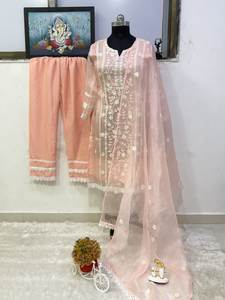 Ensemble de vêtements indiens brodés en soie romaine, style décontracté, réversible, toutes saisons, haut lourd, pantalon et dupatta pour femmes - Product Image 5