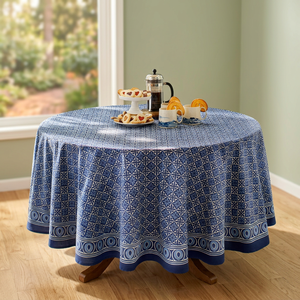 Round Blue Floral Printed Handmade Eco-Friendly Cotton Linen Washable Vintage <b>Party</b> Use Home Decor <b>Tablecloth</b> - Product Image 3