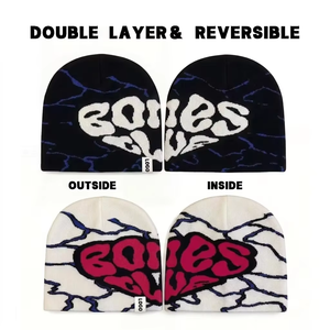 Fabricants de bonnets à double couche, bonnet réversible épais, jacquard, streetwear, logo <span class=keywords><strong>d</strong></span>'étiquette tissée privée, bonnets tricotés - Product Image 3