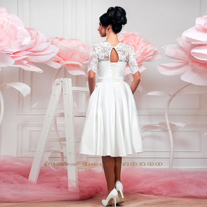 Abiti da sposa corti al ginocchio estate Vestido De Noiva Curto manica corta in raso di pizzo piccoli abiti bianchi con tasche Gelinlik - Product Image 2