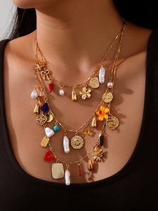 Set <span class=keywords><strong>di</strong></span> 3 Collane Boho Buddiste Multistrato con Ciondoli a Cuore/<span class=keywords><strong>Pesce</strong></span>/Girasole, Catene Estive da Donna in Lega <span class=keywords><strong>di</strong></span> Zinco - Product Image 2