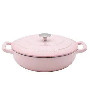 Peralatan Dapur Warna-warni 26CM Enamel Besi Cor Casserole Oven Belanda Peralatan Masak Rebus Makanan Laut Spanyol Dangkal dengan Tutup