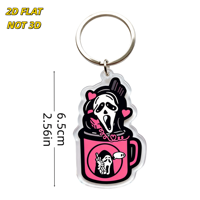 Porte-clés en acrylique Scream Ghost in Pink Mug, design Horreur-Mignon avec icônes Cœurs et Couteau, bordure transparente et anneau métallique