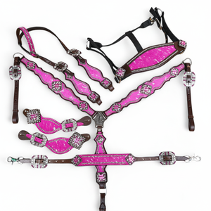 Conjunto de cuello de cabeza y pecho de cuero de vaca rosa: tachuela de caballo occidental - Product Image 1