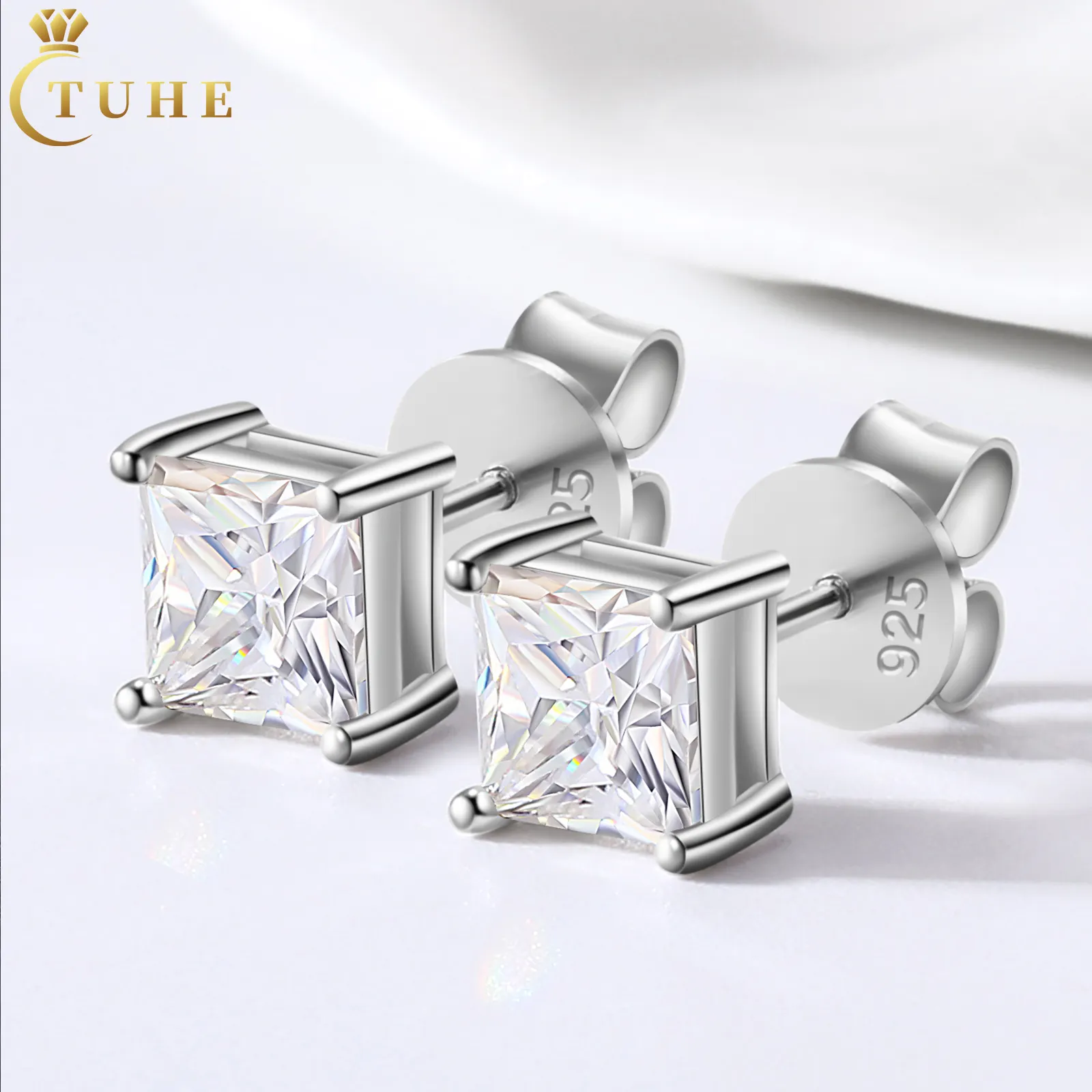 Mode 0.6-1.2ct 18K Wit Vergulde 925 Sterling Zilveren Prinses Gesneden Vvs Moissanite Diamant Solitaire Oorknopjes