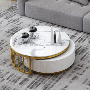 Luxury Round <b>Nesting</b> <b>Coffee</b> <b>Table</b> <b>Set</b> of 2 Sintered Stone Top Gold Stainless Steel Frame with Storage Drawer For Living Room - Product Image 2