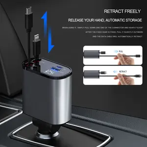 2024 New Product Chargers Car Retractable Cables And PD Usb C Port 12v Fast Charging Charge 60w 100W 120W Car Charger For IPhone