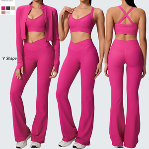 New Customized 3pcs Comfortable Yoga Set for Women Active Wear Set Sports Bra Fitness Jogger Gym Clothing Zipper Crop Jacket