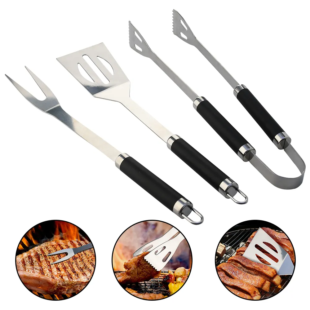 OEM Barbecue Grill Spatula Fork Tongs Brush 3 Pcs Utensils Set Stainless Steel BBQ Tools
