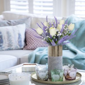 Artificial Tulip And Baby's Breath Bouquet Purple White <b>Plastic</b> Spring Decor Home <b>Table</b> Centerpiece 12 Pieces - Product Image 3