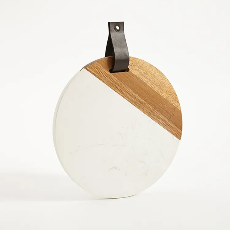 Customized Round White Marble and Acacia Wood Cheese Cutting Serving Board with Leather Handle