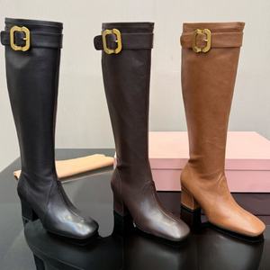 Botas de cuero genuino para mujer, estilo otoño-invierno, con cremallera, punta cuadrada, hasta la rodilla, diseño de lujo, personalizadas. - Product Image 6