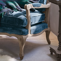 Meistverkaufter Rustikaler Französischer Landhausstil Massivholz Freizeitsessel Natürlicher Rattan-Rücken Leinen Chaiselongue Gepolstert Wohnzimmer