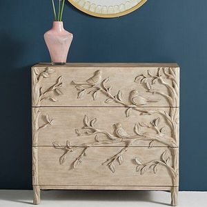 Commode à 3 tiroirs en bois massif, buffet rustique fait main avec relief floral, meuble de rangement antique pour salon - Product Image 6