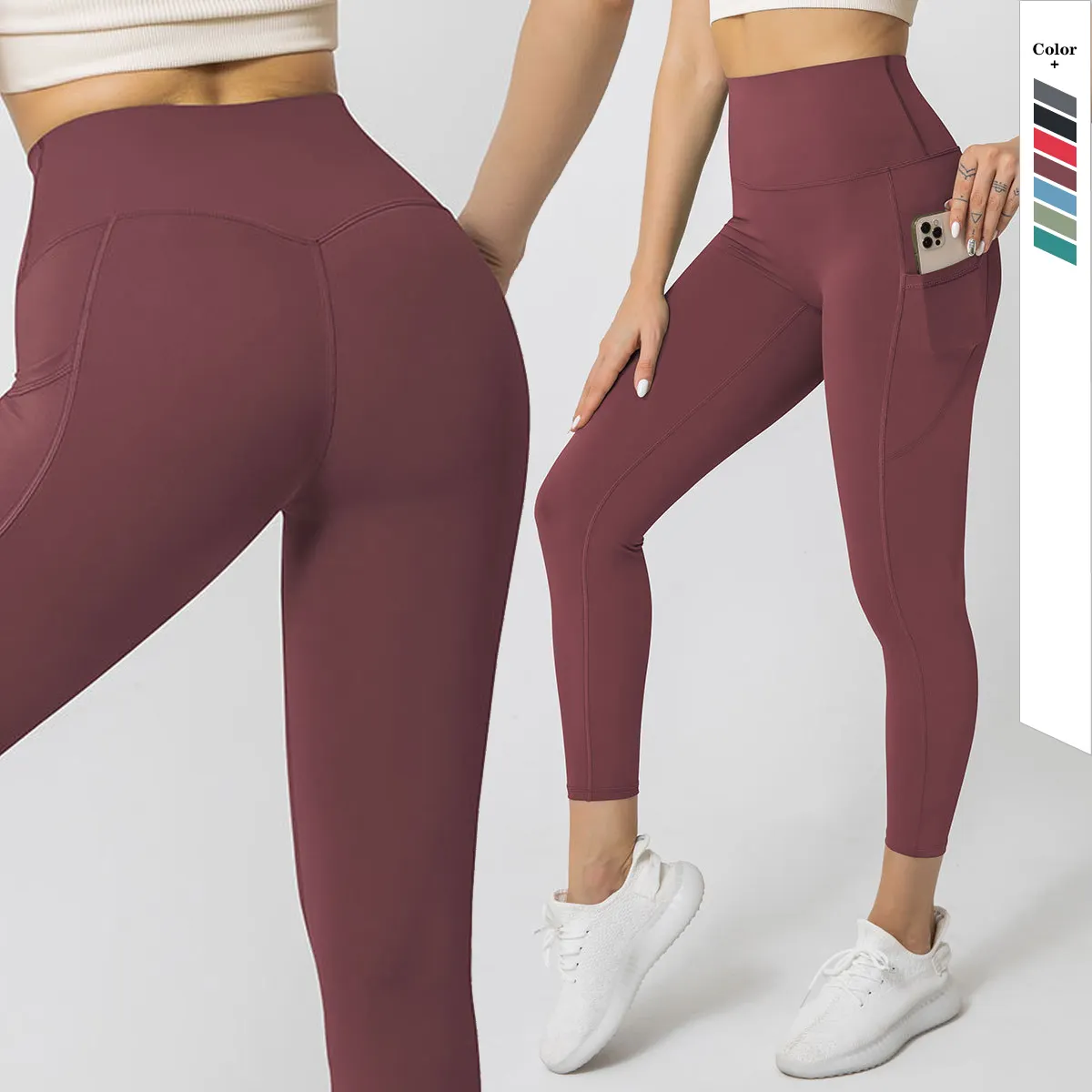 Celana Yoga spandeks nilon pinggang tinggi dengan kantong samping celana Yoga kompresi OEM celana ketat olahraga