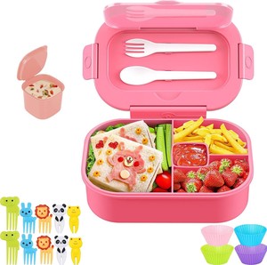 4 compartments proof sealed portable Plastic silicone Microwave Safe Bento Lunch tray for kids school students with cutlery