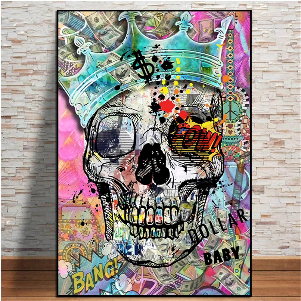 Abstract Horror Colorful Skulls with Crown Oil Painting