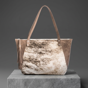 Sac fourre-tout en cuir véritable pour femme, imprimé animal, style bohème, fermeture à glissière, décorations à pompons, deux poignées, sac de shopping toutes saisons - Product Image 3