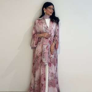 <b>Pink</b> Watercolor Tie Dye Islamic <b>Abaya</b> 2 Piece Set Chiffon Maxi Dress Long Sleeve Elegant Muslim Outfit - Product Image 1