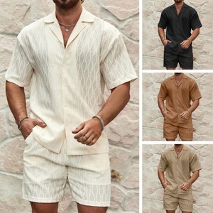 Men's Summer Casual Street Style Two-Piece Sets Breathable Knitted Cotton Lapel Button Shirt Shorts Solid Color <b>Tracksuits</b> Beach - Product Image 2
