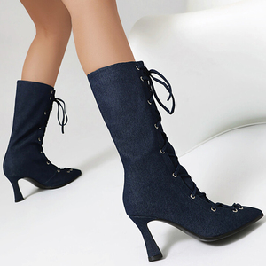 Large Size 48 Denim Front Lace up Trendy Short Booties Low Heels Mid-Calf Boots for Women Pointy Toe Wide Fit Jeans <b>Shoes</b> - Product Image 5