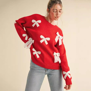 Pull en tricot à col rond personnalisé, décontracté, avec nœud à paillettes, pull ample <span class=keywords><strong>pour</strong></span> femmes, nouveauté - Product Image 1